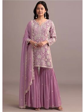 Pink Embroidered Georgette Sharara Set
